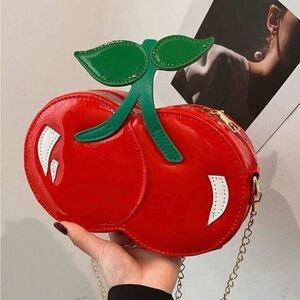 Red Cherry-Shaped Mini Crossbody Bag with Green Leaf Accent
